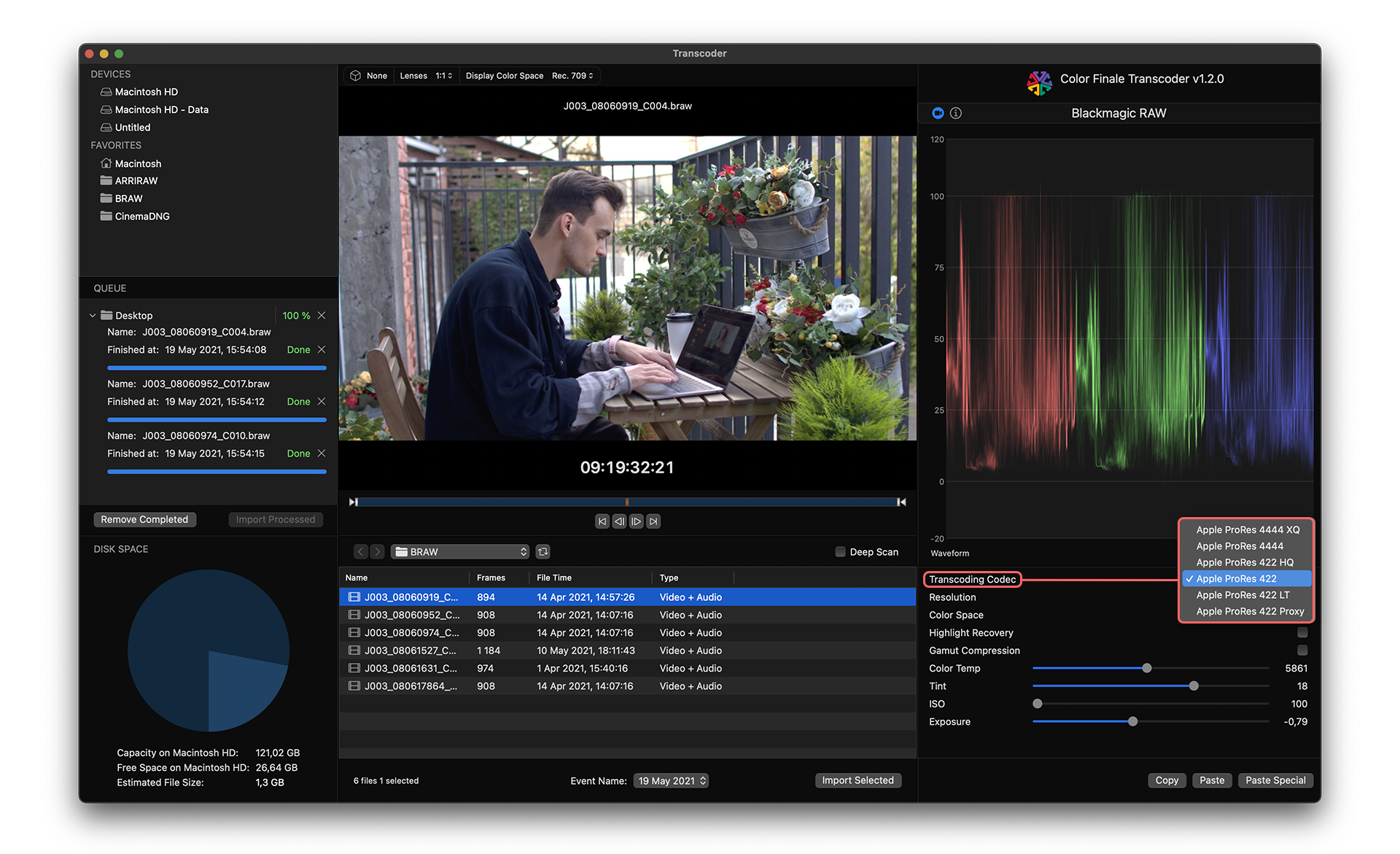 Выбор Apple ProRes и RAW-параметров в Color Finale Transcoder