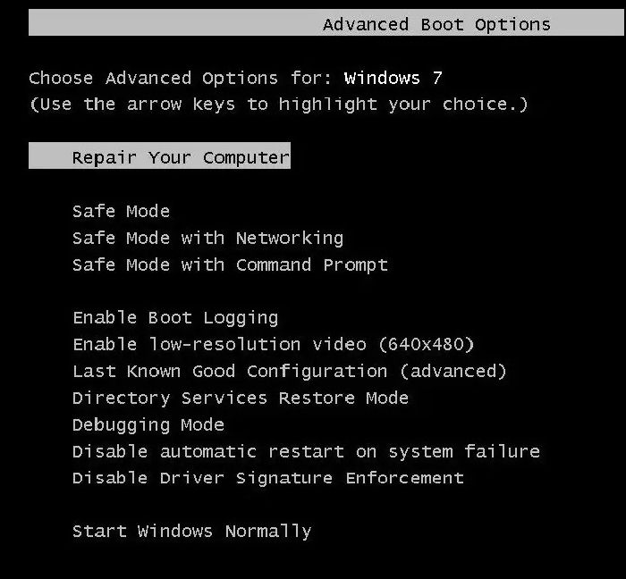Меню Advanced Boot Options в Windows 7