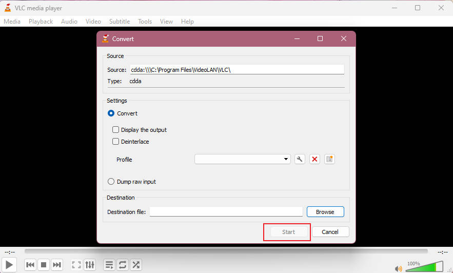 Запуск преобразования дорожки в VLC Media Player