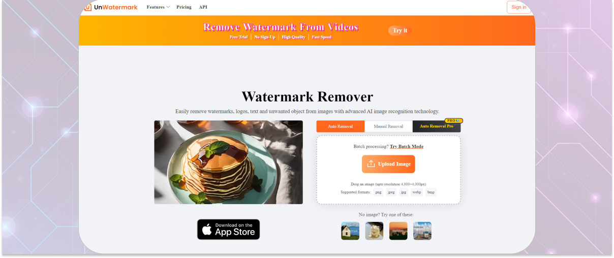 Интерфейс Unwatermark AI для удаления надписи с фотографии