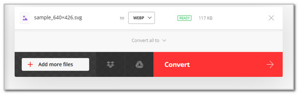 Convertio: загруженный SVG, формат WEBP и кнопка Convert
