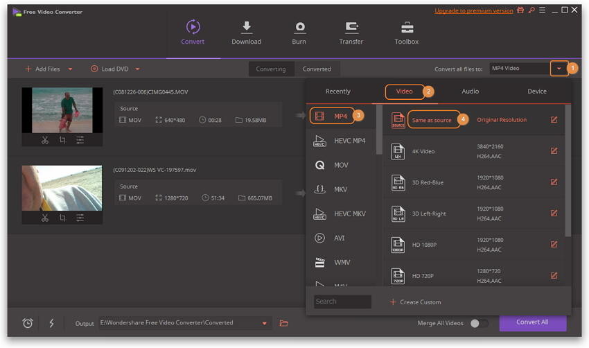 Выбор MP4 в Wondershare Video Converter