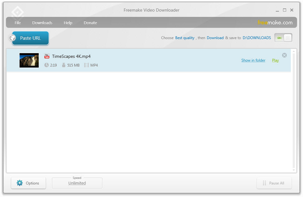 Кнопка Paste URL и список заданий в Freemake Video Downloader