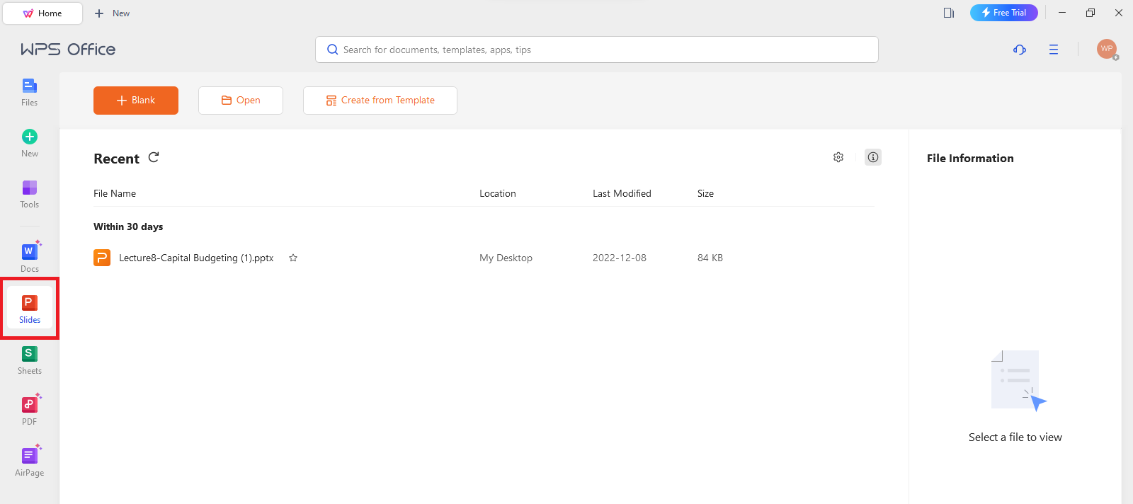 Стартовое окно WPS Office с разделом Slides и кнопкой Open