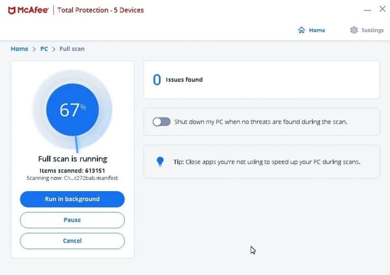 Полное сканирование в McAfee Total Protection