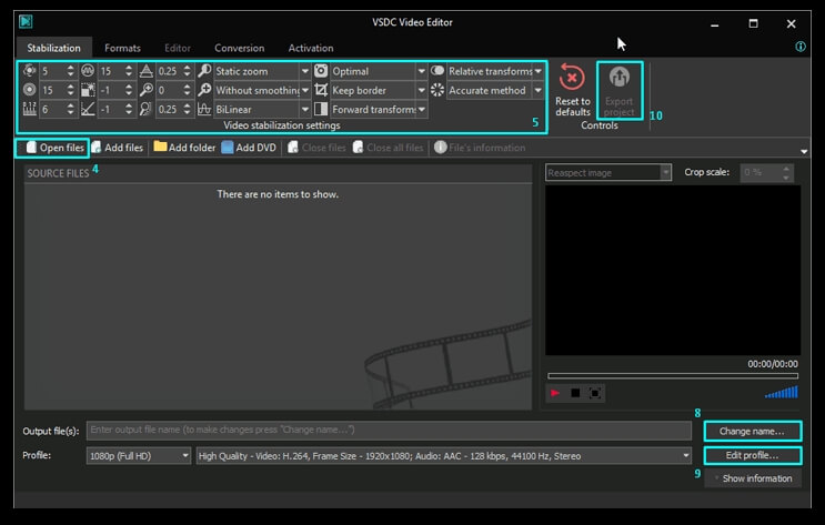 VSDC: окно Video Stabilization с параметрами Shakiness и Smoothing