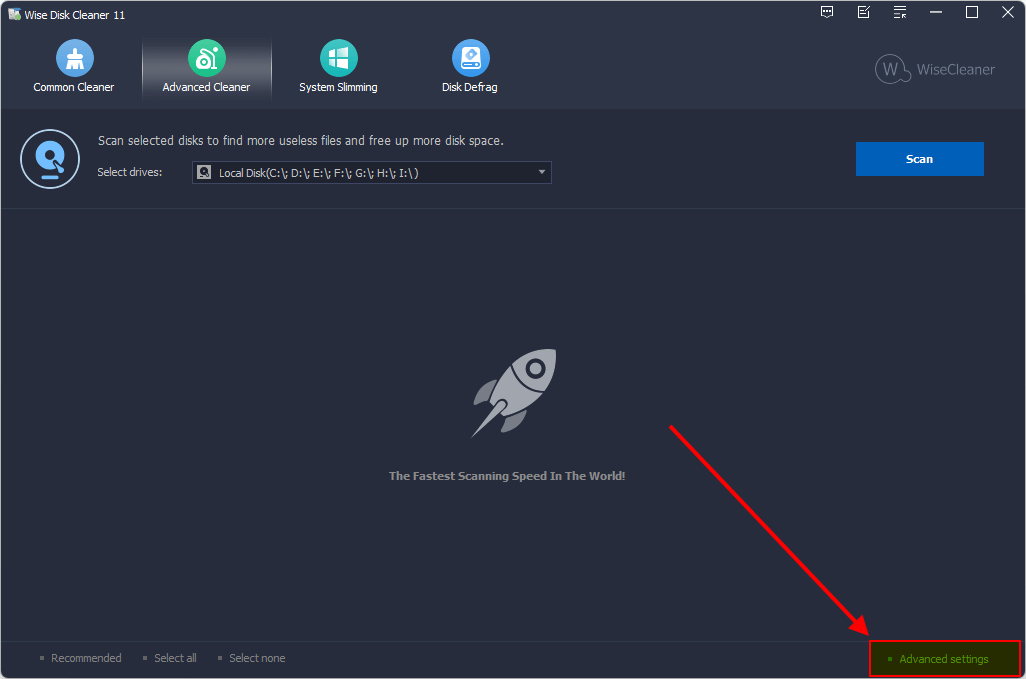 Advanced settings в Advanced Cleaner для выбора типов временных файлов