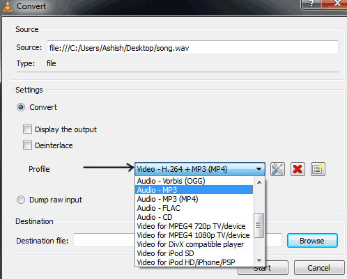 Выбор профиля Audio MP3 в VLC Media Player