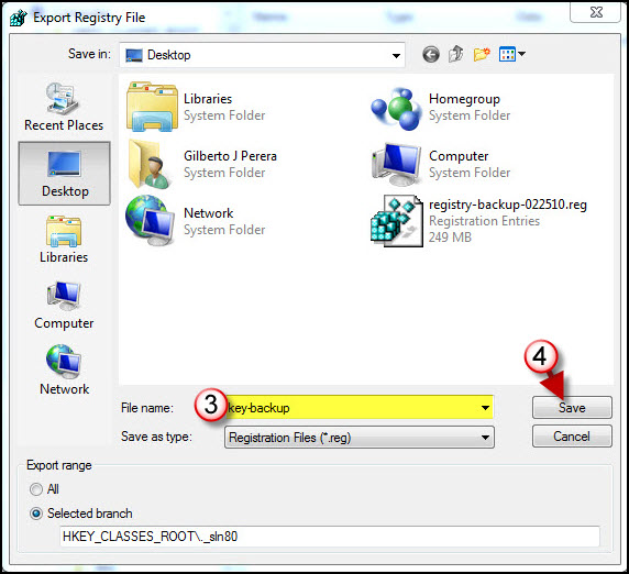 Окно Export Registry File в Windows 7 с выбором Selected branch и кнопкой Save
